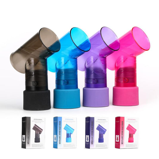Set of hair dryer diffuser attachments in black, blue, purple, and pink.