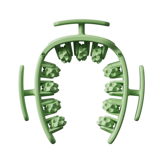 Green wrap-around muscle roller with 11 ring wheels and adjustable handle arms