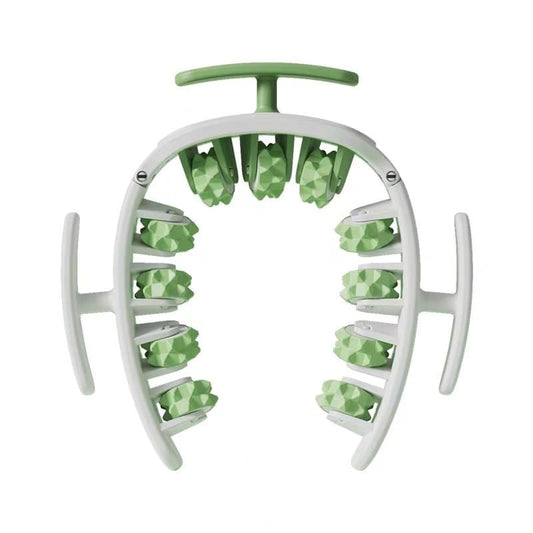 Green and white adjustable wrap-around muscle roller with multiple deep massage wheels