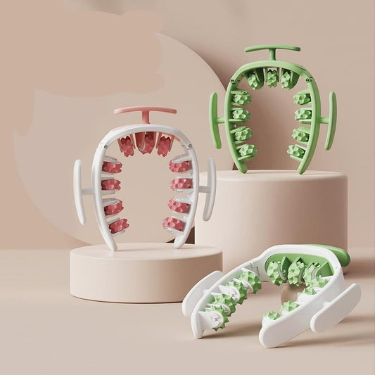 Green and white massage roller with wrap frame and rotating wheel rows