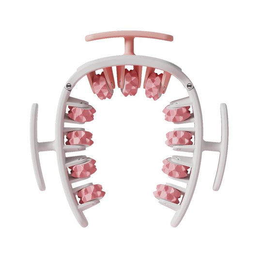Pink and white wrap-around muscle roller with 11 textured wheels