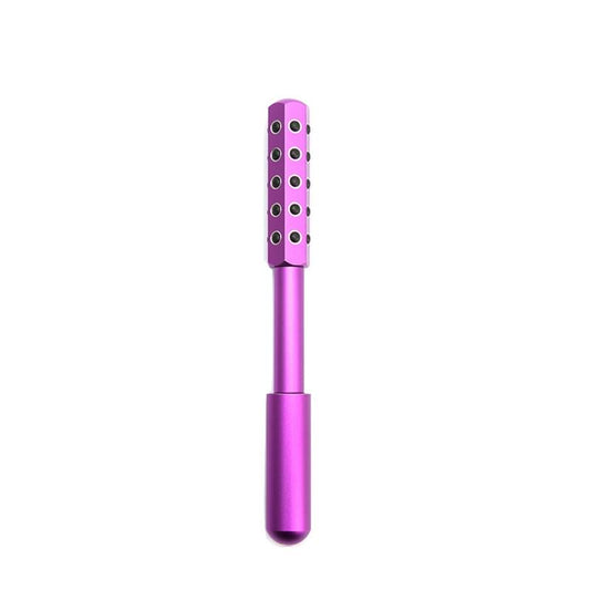 Purple facial roller massager with studded metal head and smooth handle