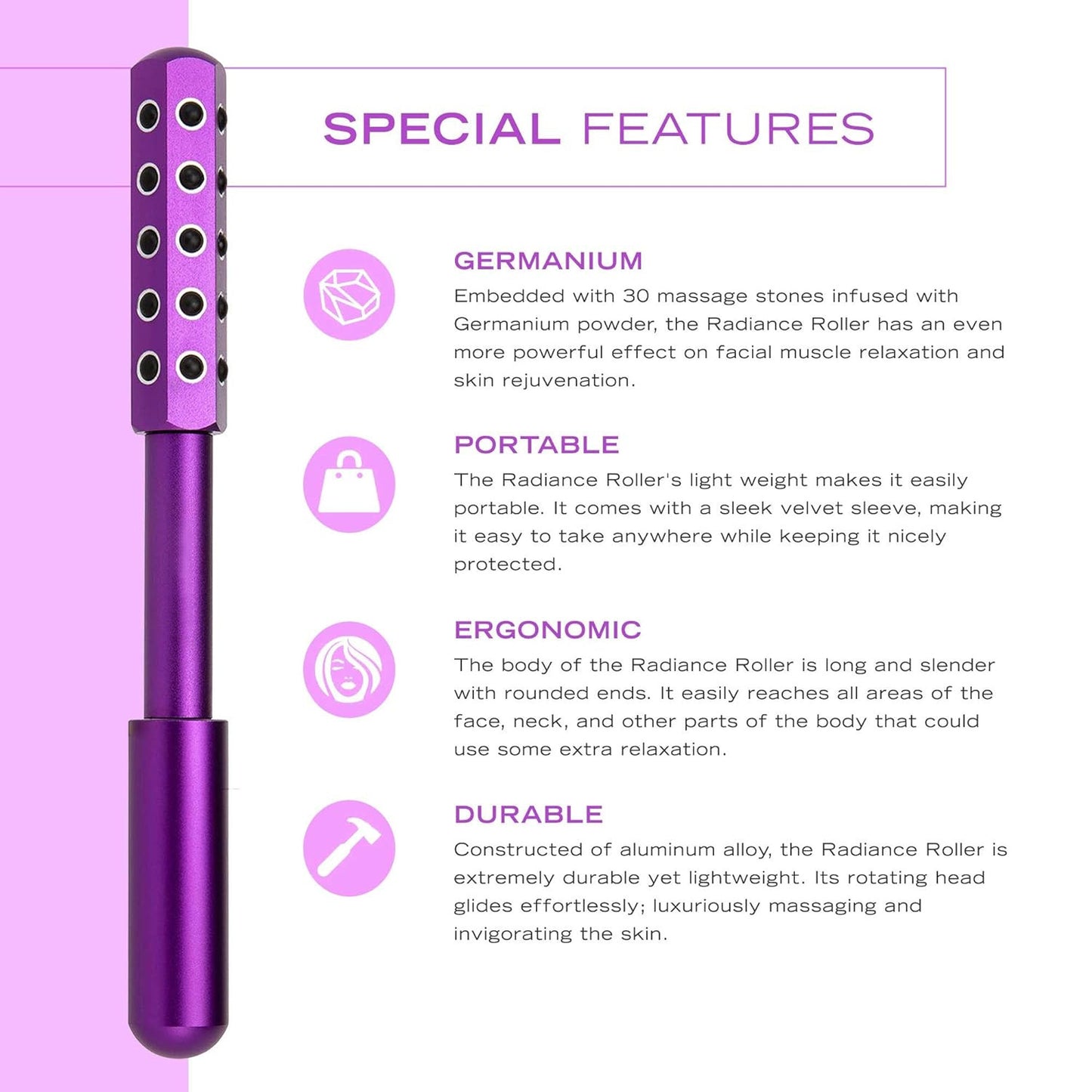 Purple Germanium Stone Facial Roller - Uplifting & Sculpting Beauty Massager for Face and Body