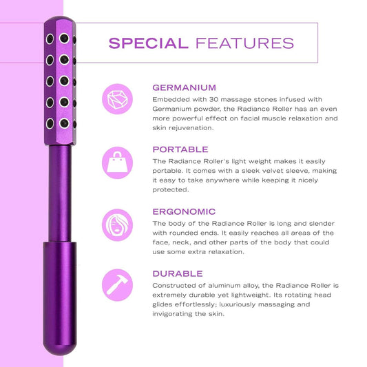 Purple facial roller massager with perforated roller head and long handle