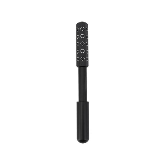 Black facial roller with capped handle and rounded massager head for face and body.