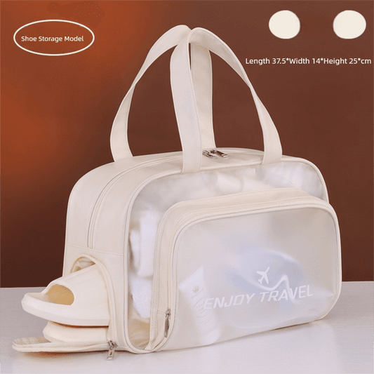 Beige waterproof travel bag with top handles and front zip compartment, shoe pocket
