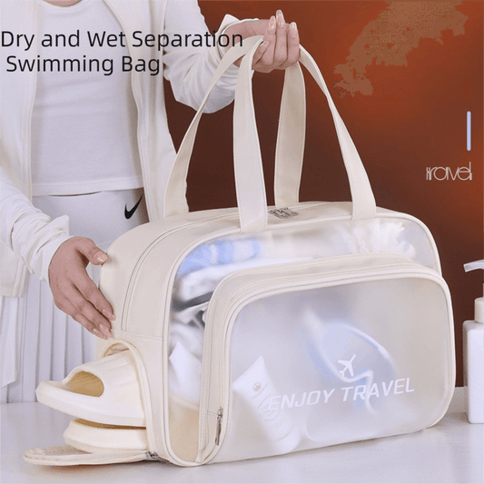 Pink dry-wet separation travel bag with clear wet section and side shoe holder