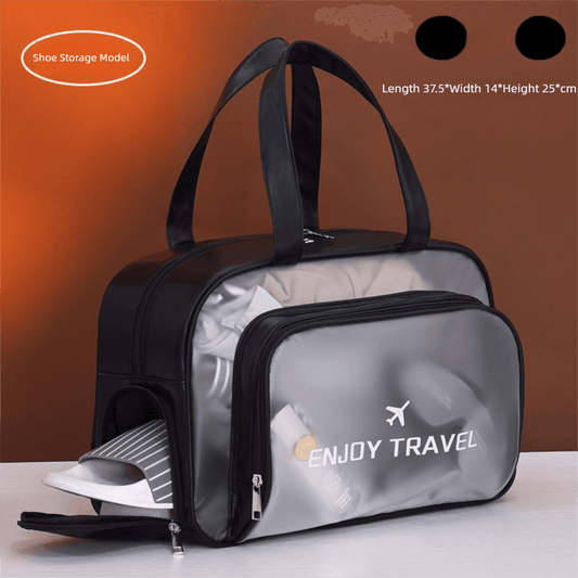 Black travel duffel bag with top handles and front zip pouch