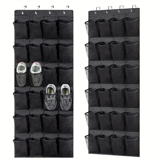 Black over-the-door shoe organizer with 24 mesh pockets and top metal hooks