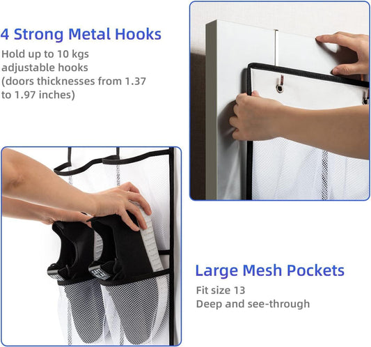 Black hanging shoe organizer with mesh pockets and metal hooks for doors