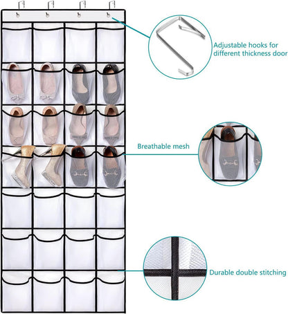Black Over the Door Shoe Organizer with 24 Mesh Pockets - Space Saving Hanging Storage for Shoes, Accessories, Pantry