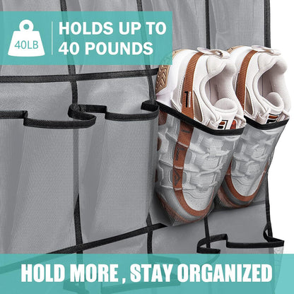 Black Over the Door Shoe Organizer with 24 Mesh Pockets - Space Saving Hanging Storage for Shoes, Accessories, Pantry