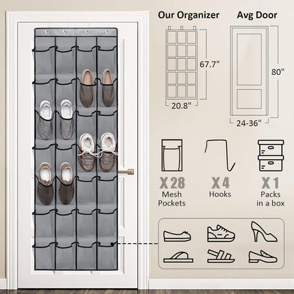 Black Over the Door Shoe Organizer with 24 Mesh Pockets - Space Saving Hanging Storage for Shoes, Accessories, Pantry