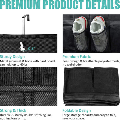 Black Over the Door Shoe Organizer with 24 Mesh Pockets - Space Saving Hanging Storage for Shoes, Accessories, Pantry