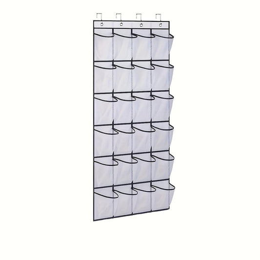 Over-the-door shoe organizer with 24 mesh pockets and hanging loops