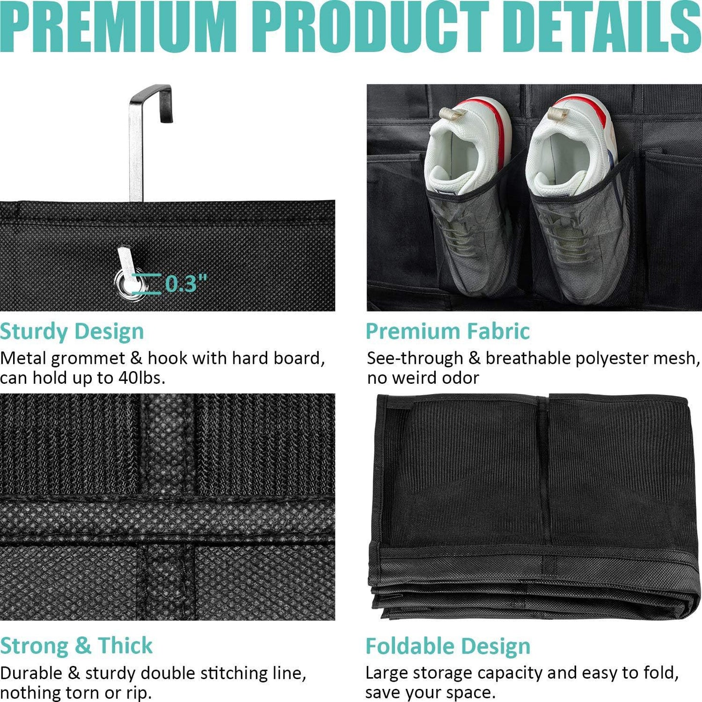 White Over the Door Shoe Organizer with 24 Mesh Pockets - Space Saving Hanging Storage for Shoes, Accessories, Pantry