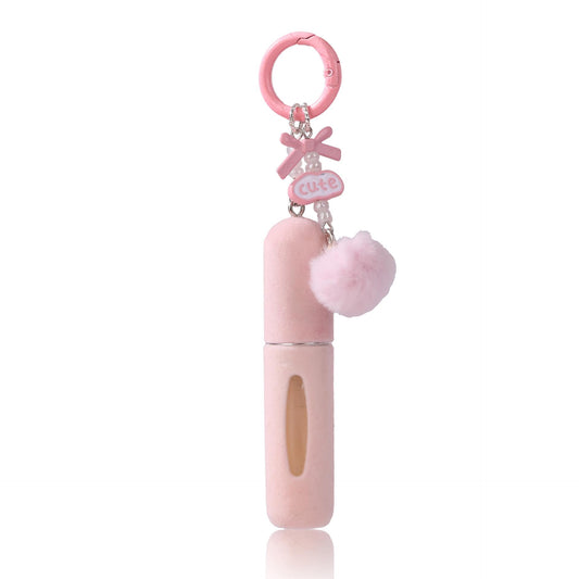 Pink plush perfume atomiser keychain with pom pom charm and ring