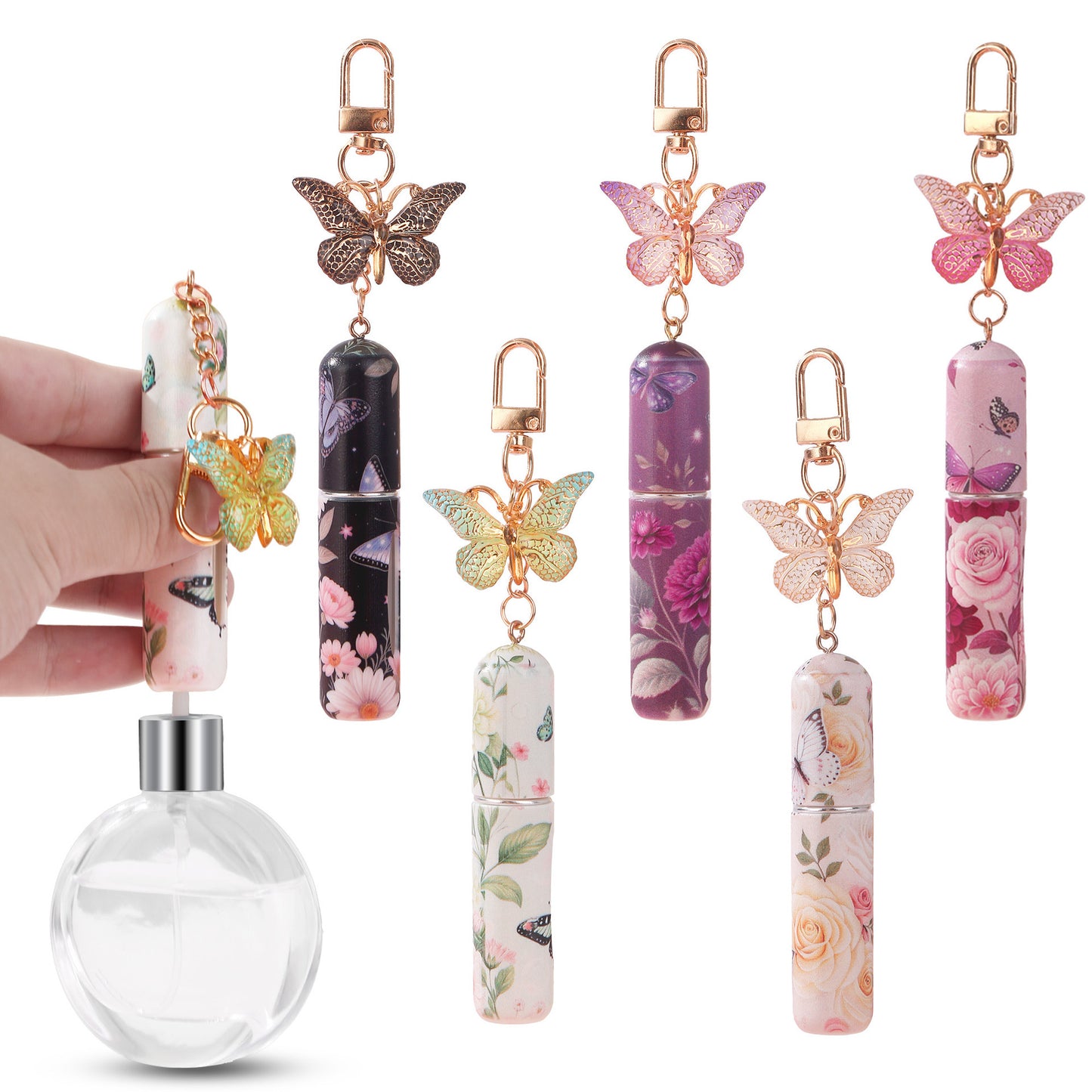 Light Yellow 3 Pcs Portable 5ml Perfume Atomiser Keychain - Refillable Floral Spray Bottle with Butterfly Charm for Travel & Handbag
