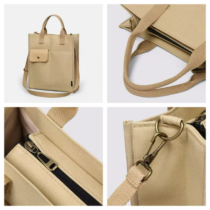 Black Unisex Canvas Tote Bag - Structured Vertical Shoulder Satchel with Front Pocket - Lightweight Crossbody for Work, Uni & Daily Commute