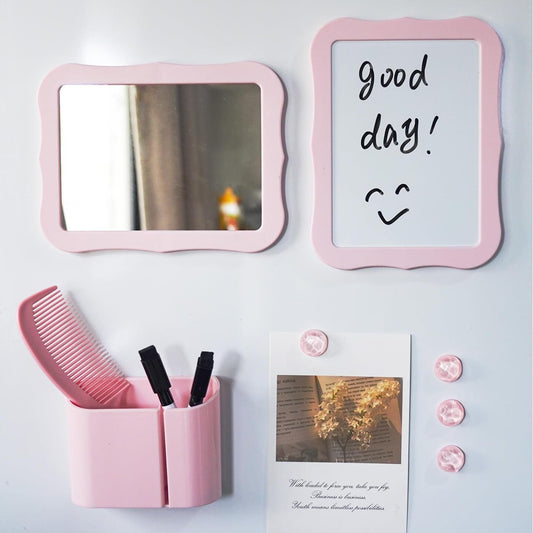 Pink magnetic locker organizer set with mirror, dry-erase board, comb holder, magnets