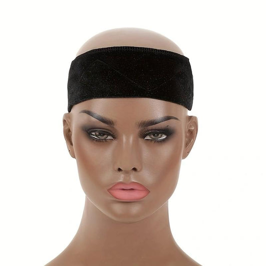 Velvet wig headband in dark color on mannequin, slim stretch band for hairpieces
