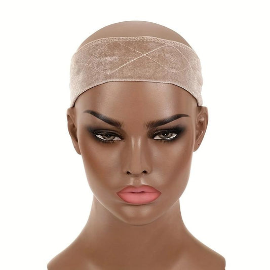 Khaki velvet wig headband with lace edge, stretched around mannequin head