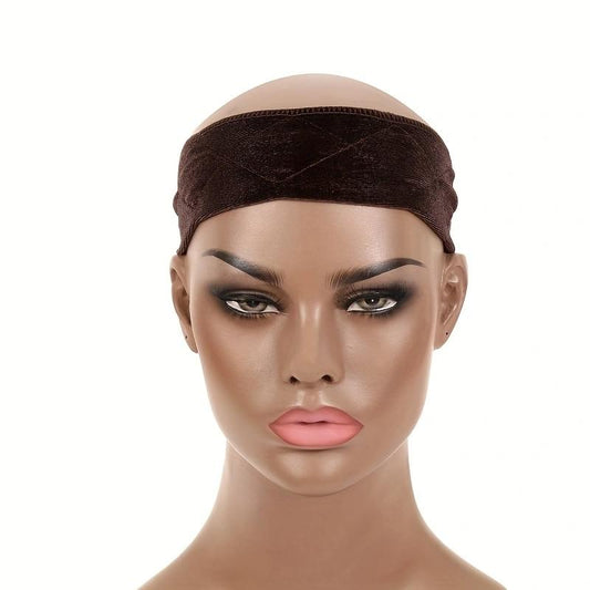 Coffee velvet wig headband, dark brown wide band on mannequin
