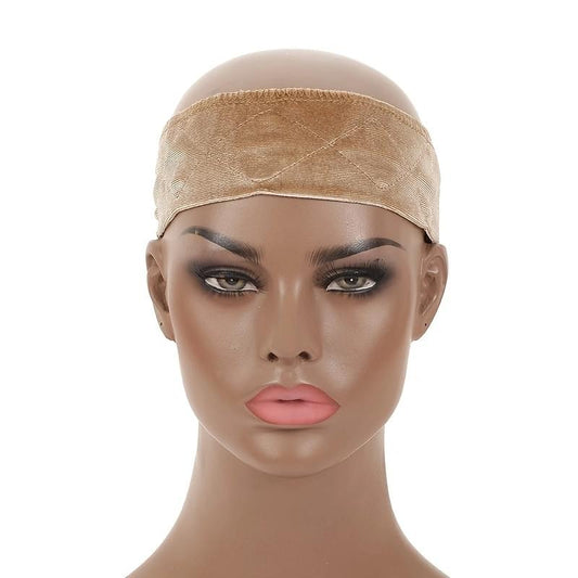 Brown velvet wig headband on mannequin, stretchy lace-style band