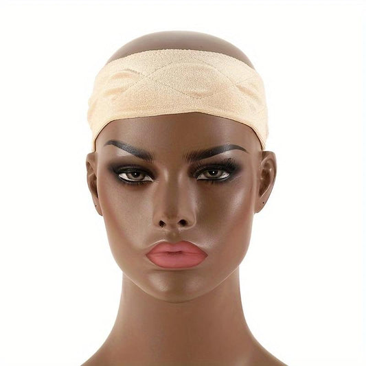 Beige velvet wig headband with soft, stretchy lace band on mannequin head