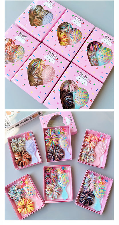 Style 5 Boxed Hair Tie Set with Pink Rubber Bands, Cute Hair Accessories & Mini Comb – Perfect Gift for Girls