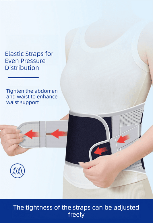 Grey lumbar support belt with dark back panel and adjustable straps