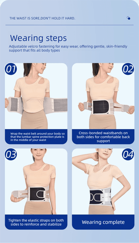 Adjustable lumbar support belt with cross-bonded waist straps on a model