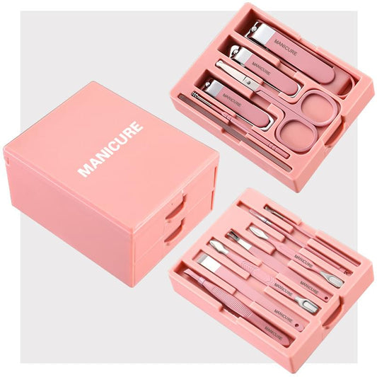 Pink manicure & pedicure set with compact drawer organizer and stainless tools
