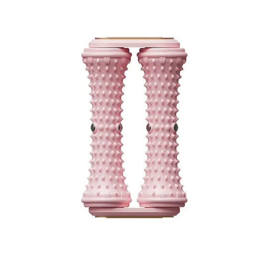 Pink dual foot massager roller with two ridged columns of soft nubs