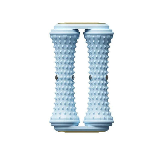 Blue dual foot massager roller with textured bump rollers