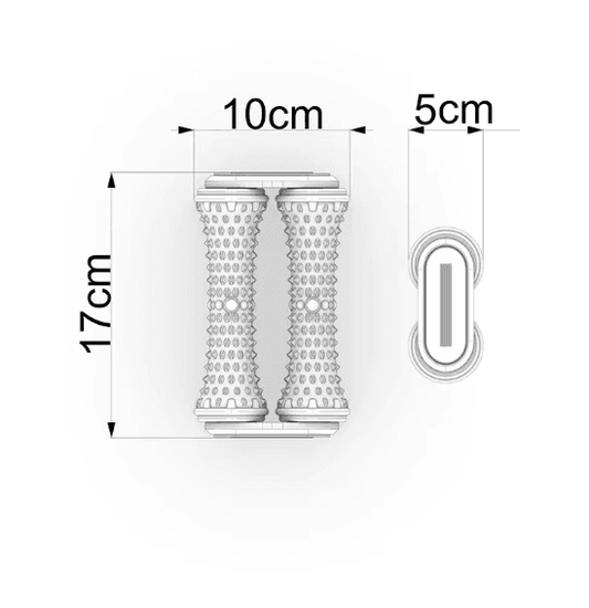 Dual foot massager roller size diagram, 10cm by 17cm by 5cm