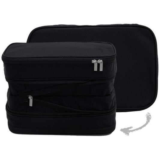 Black expandable packing cube with double zippers and front storage panel