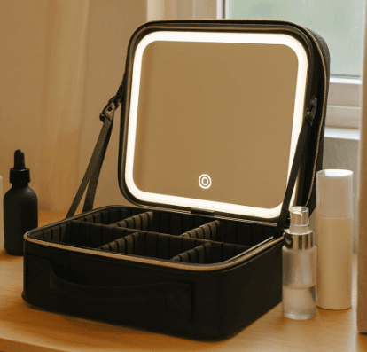 Black travel makeup case with LED light mirror and open organizer compartments