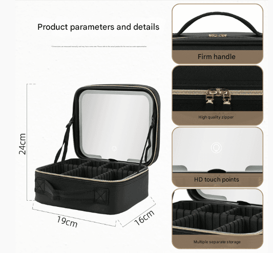 Black makeup organizer bag with zipper closure, carrying handle, and LED mirror