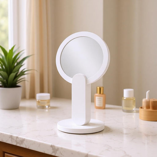 Foldable LED makeup mirror with round lighted face and white stand base