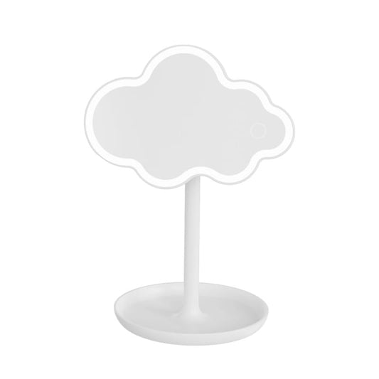 White cloud-shaped LED vanity mirror with round base stand and vertical stem