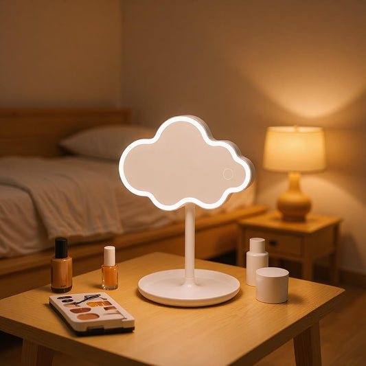 White cloud-shaped LED vanity mirror on base stand with warm glowing light