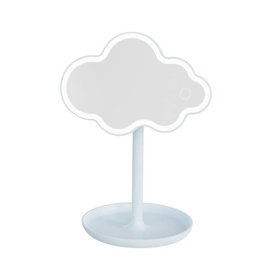White cloud-shaped LED vanity mirror on round base stand