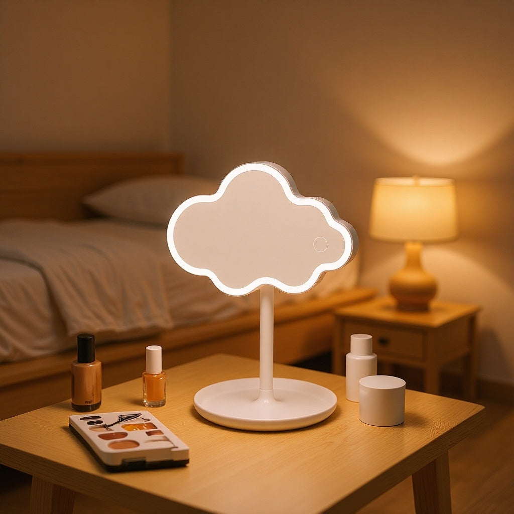 Blue Cute Cloud Shaped LED Makeup Mirror Desktop Vanity Light with Storage Tray 360 Rotation Cordless Cosmetic Beauty Tool