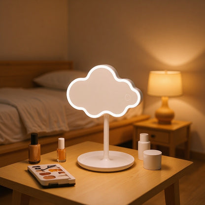 Blue Cute Cloud Shaped LED Makeup Mirror Desktop Vanity Light with Storage Tray 360 Rotation Cordless Cosmetic Beauty Tool