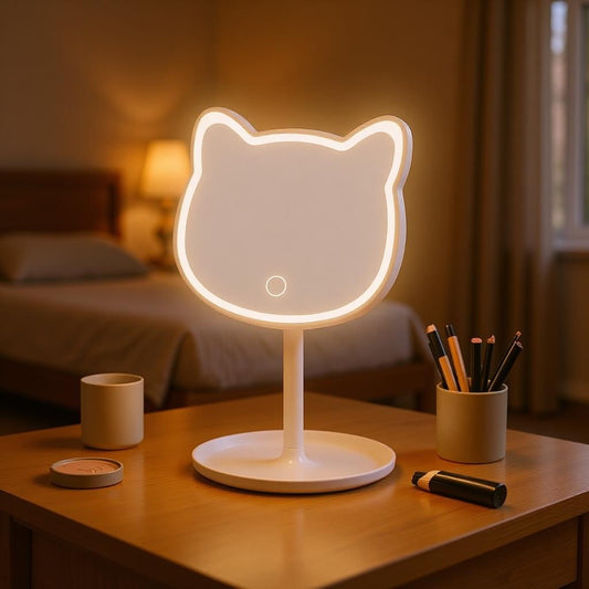 Cat ear LED makeup mirror on white stand with circular base, glowing ring light
