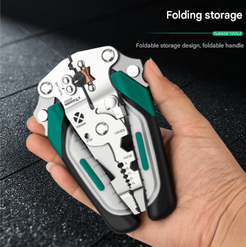 All-in-one wire stripper and crimper pliers with folding storage case, green and black handles
