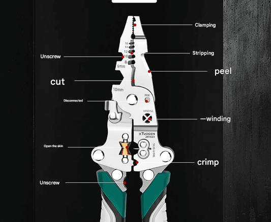 Wire stripper and crimper pliers with stripping, peel, winding, and crimping functions