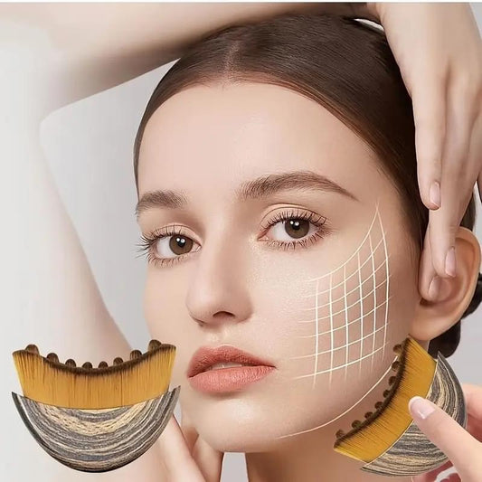 Two facial contour massage brushes with yellow bristles and gray arc bases