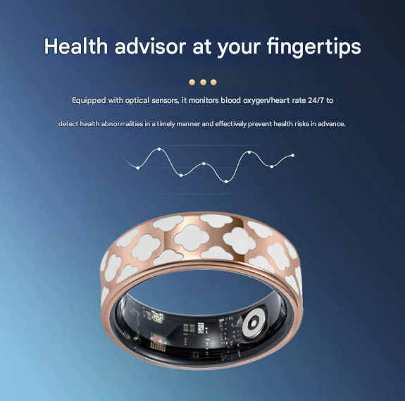 6# Striped Gold Smart Health Ring Tracker with Wireless Charging Case - Titanium Steel Fitness Wearable for Heart Rate, Sleep & Blood Oxygen Monitoring - Waterproof Wellness Device